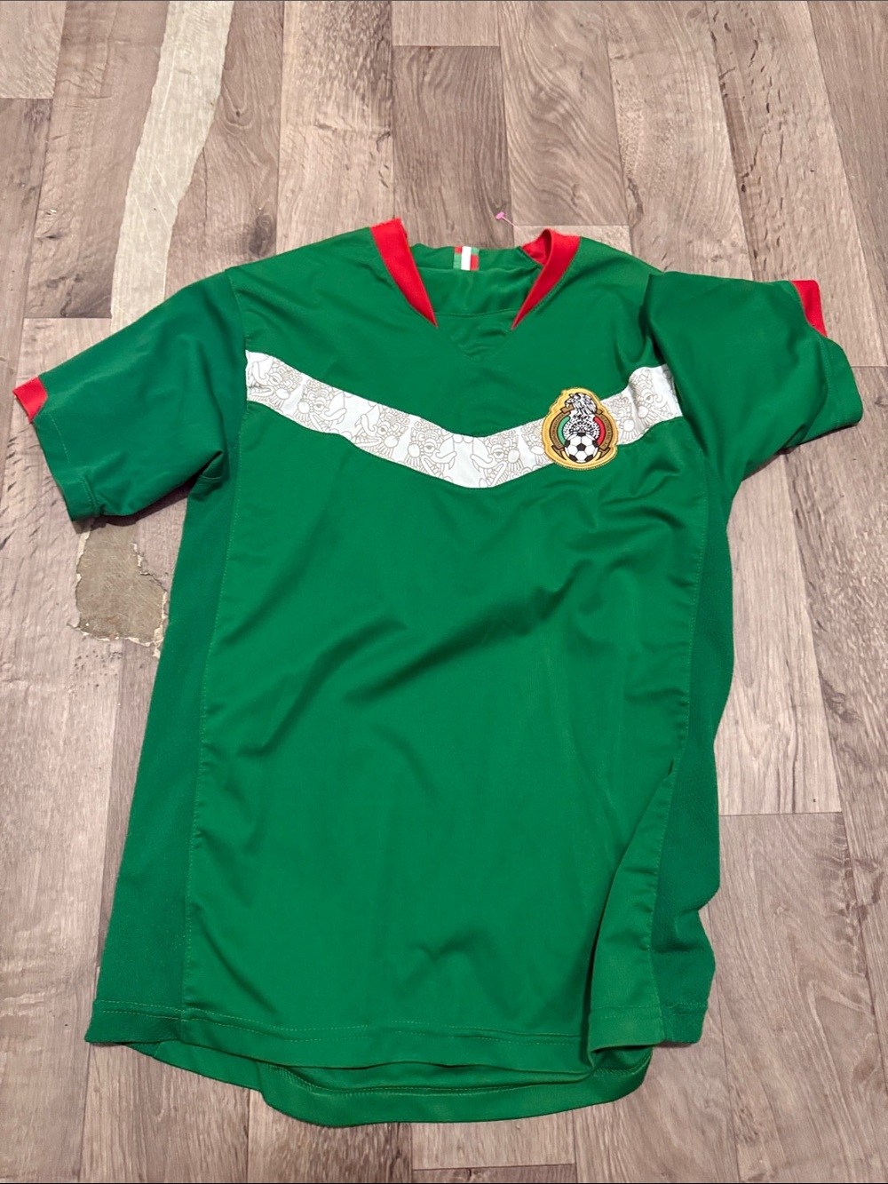 Green Kids Soccer Jersey with Red Collar and White Chevron